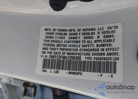 2020 Honda Civic Lx from USA, damaged, VIN 19XFC2F68LE206395